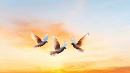 Naklejka premium Three doves soaring sunset sky peace hope