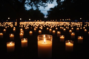 Many lit candles glow in the dark on grass creating a warm and peaceful atmosphere at night