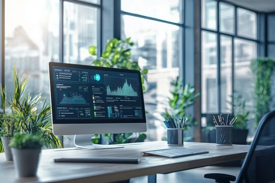 Office environment equipped with AI dashboards, focusing on benchmarking for improved cyber resilience.