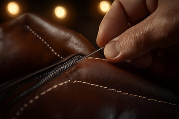 A leatherworker sews leather with a needle close up background. Leatherworking.