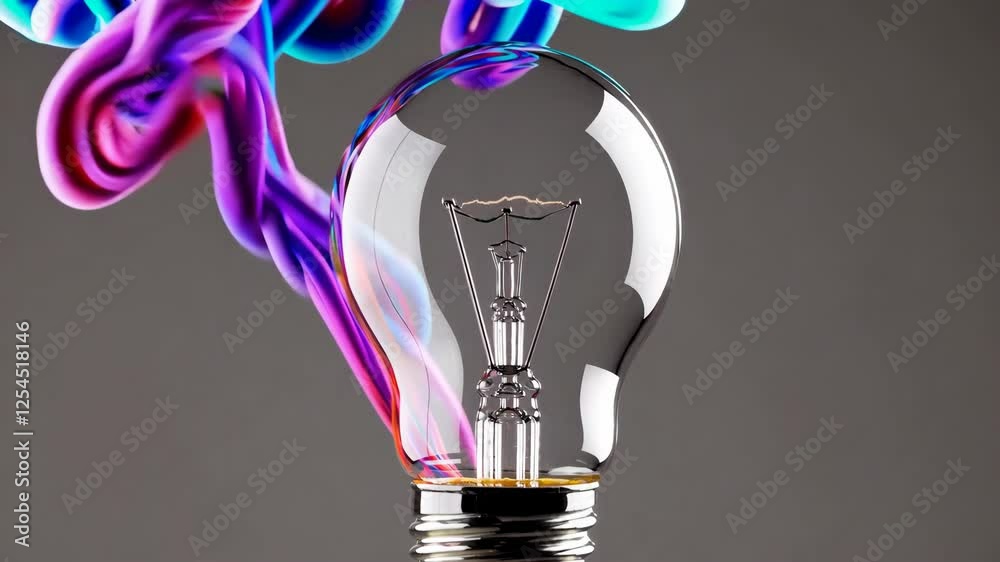 Aufkleber light bulb with colorful abstract smoke on gray background, creativity and innovation concept