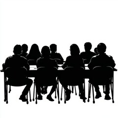 Silhouette of a Group of People Sitting at a Table in a Formal Meeting or Conference Setting with Backlighting