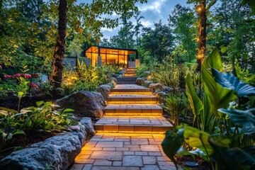 Fototapeta premium Serene stone path leading to a welcoming home.