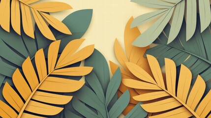 Vibrant Paper Leaves in Green and Orange Against Soft Yellow Background for Seasonal and Nature-Themed Designs, Perfect for Creative Projects and Illustrations