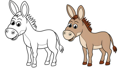 Donkey coloring page with a colored example in cartoon style for kids' activities, animal learning books, and creative fun, isolated on a white background sheet