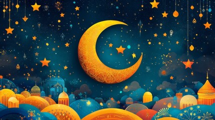 Vibrant Eid card featuring a crescent moon, stars, and geometric Islamic designs, festive colors