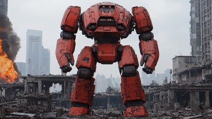 Giant Red Mech in Urban Destruction with Smoke and Flames Surrounding