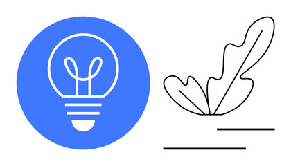 Light bulb in blue circle beside abstract leaf and lines in black outline. Ideal for creativity, innovation, sustainability, growth, nature, balance, minimalism. Represents technology meeting nature