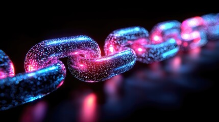Futuristic glowing chain links illuminated in vibrant colors against a dark background