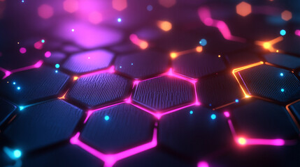 futuristic background with glowing neon hexagonal honeycomb pattern representing technology, innovation, and modernity. Empty space for captions or creative content