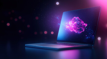 laptop with glowing digital brain on screen symbolizes advanced AI technology in futuristic setting. vibrant colors and abstract design highlight innovation and digital transformation