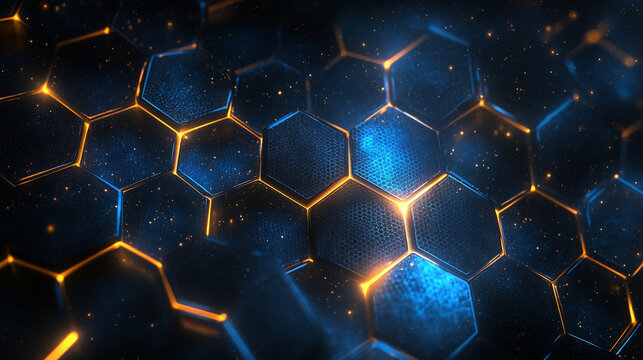 futuristic background with glowing neon hexagonal honeycomb pattern representing technology, innovation, and modernity. Empty space for captions or creative content