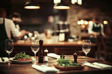 Capturing the essence of a bustling dining environment with chefs and patrons.