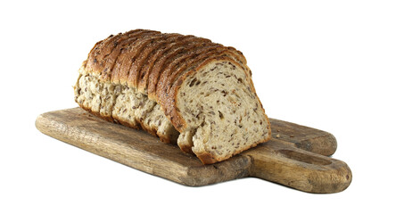 A rustic wooden board displays a freshly sliced loaf of multigrain bread, perfect for any meal