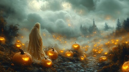 Enchanted pumpkins covered in soft luminescent moss resting in a mystical valley