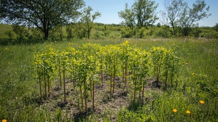 Obraz premium Prairie restoration saplings planted in a field, wildflowers blooming in background