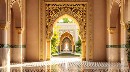 Obraz premium Ornate arches and intricate architectural details, reminiscent of Moroccan or Moorish design. Ideal for representing travel, culture, history, or Islamic architecture. Warm, inviting light.