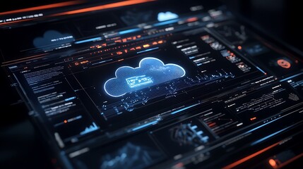 Futuristic Cloud Computing Interface: Digital Data Storage and Processing on a Modern Screen