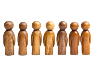 A row of wooden figures isolated on transparent background