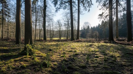 Obraz premium Sunlit Spring Forest Glade, Woodland, Sunlight, Nature