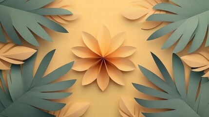 Vibrant Paper-Crafted Floral Design with Leaves in Circular Pattern | Artistic Composition with Unique Color Palette for Creative Projects and Backgrounds