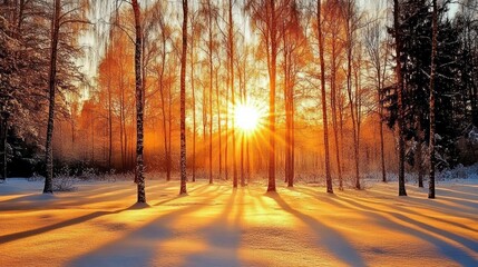 Golden winter sunset illuminating snow-covered birch forest