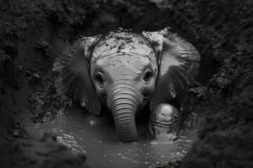 A baby elephant playing in the mud,