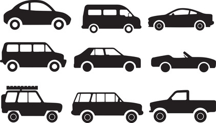 Various Car Front and Side Views in Outline Style