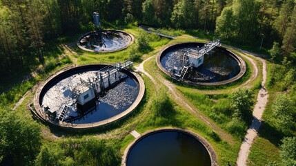 Naklejka premium Aerial view of wastewater treatment plant in forest