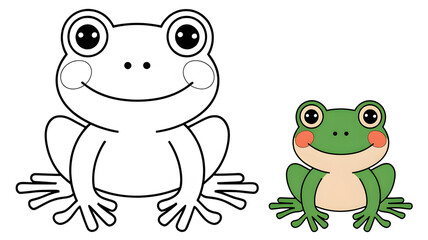 Naklejka premium Coloring page of a frog with a colored example for kids, isolated on a white background. Perfect for children's fun activities, learning, and creative development.