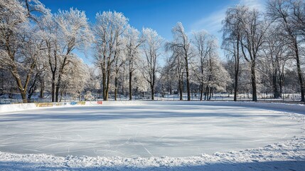 Frosty park skating rink, winter sunlight, trees, snow