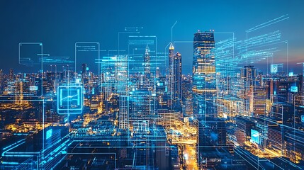 Naklejka premium Smart City: Technological Innovation at Night