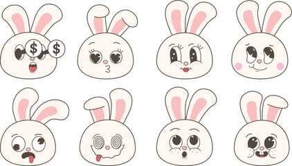 Retro Rabbit Bunny Emoji. Cute easter bunnies head emoticons.