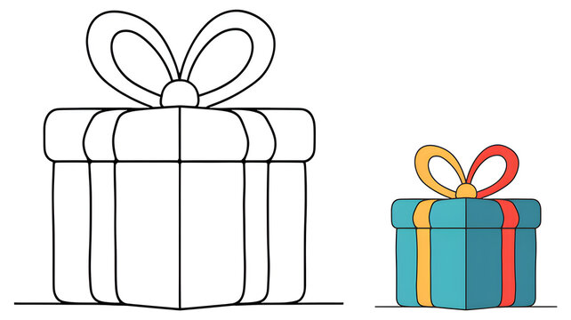 Gift box coloring page with a colored example in cartoon style for kids' activities, celebration learning books, and creative fun, isolated on a white background sheet.