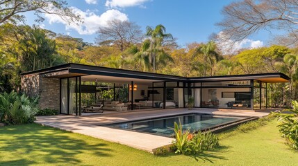 Modern tropical house, pool, jungle view, sunny day, real estate