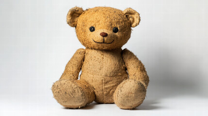 Obraz premium plush caramel colored teddy bear with stitched seams, sitting upright and exuding warmth and nostalgia. Perfect for children and collectors alike