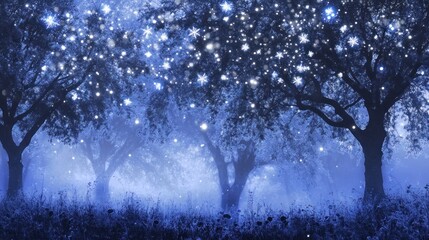 Magical winter forest, snow falling, mystical, fantasy, holiday card