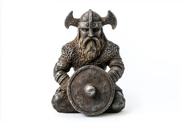 A bronze figurine of a Viking in armor with an axe isolated on a white background.