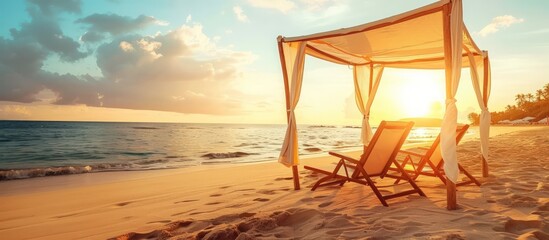 Tropical beach with thatch umbrella and chairs on sand very beautiful landscape. AI generated image