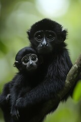 Obraz premium A baby monkey clinging to its mother,