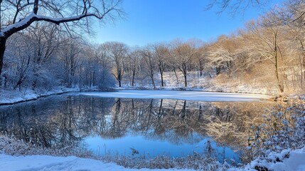 Snowy winter park pond reflection, serene landscape,  idyllic background, nature calendar