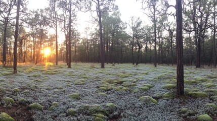 Sunset forest moss ground panoramic nature landscape