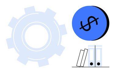 Large light blue gear, prominent blue circle with dollar sign, two standing and one inclined file folders. Ideal for financial planning, business strategy, organization, productivity, cost