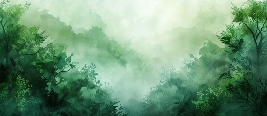 Illustration watercolor of green foggy rainforest landscape background. AI generated