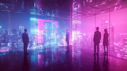 Neon Cityscape: Futuristic Businesspeople Contemplating a Vibrant Metropolis