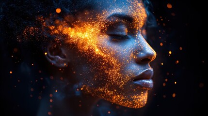Fiery Woman, Profile, Dark Background, Embers, Art