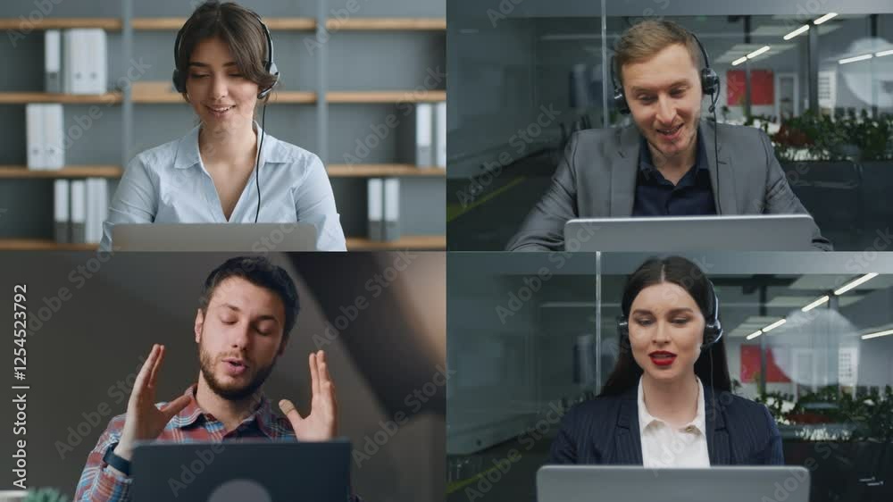 Poster four individuals participate in a virtual meeting, each displayed in their distinct workspaces. they