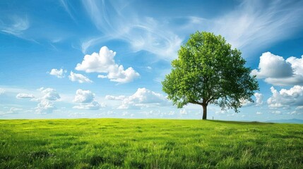 Obraz premium One tree in lush green field with blue sky landscape background. AI generated image