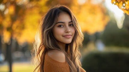 Fototapeta premium Portrait of a woman in the park with autumn foliage