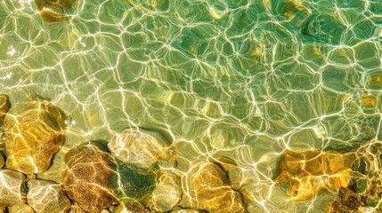 Obraz premium Sunlit shallow water, rocky seabed, coastal scene, summer texture